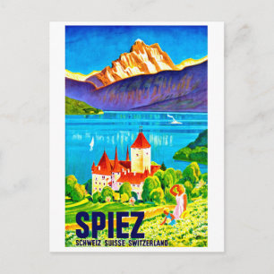 Postal Spiez, campo verde frente a la ciudad de Suiza