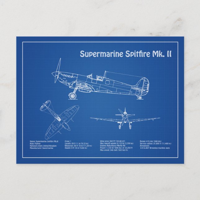 Postal Spitfire supermarino - Avión Blueprint AD (Anverso)