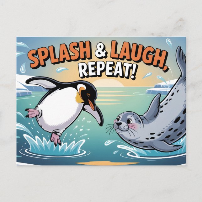 Postal "Splash & Laugh" Caprichoso Pingüino Ártico y Foca (Anverso)