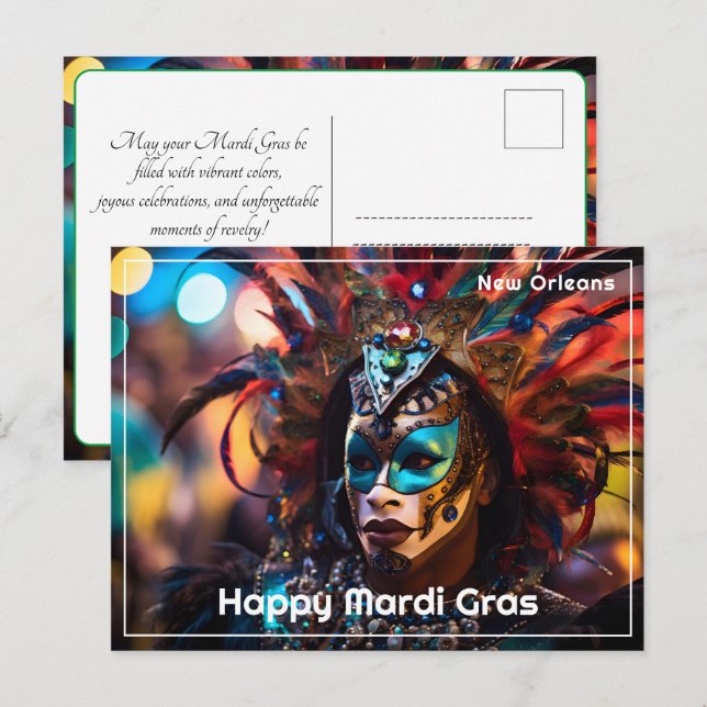Postal 💚 💜 💛 Splendor de plumas: Opulencia del Mardi G (Anverso / Reverso)