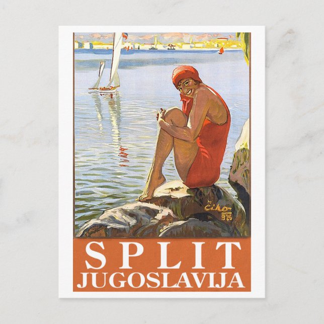 Postal Split, Yugoslavia, chica en la roca junto al mar (Anverso)