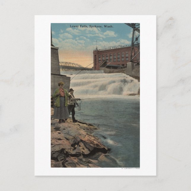 Postal Spokane, WA - Pesca de pareja en las cataratas inf (Anverso)