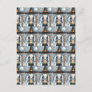 POSTAL SPOOKY HALLOWEEN WITCH, USANDO JOYAS DE GATO NEGRO