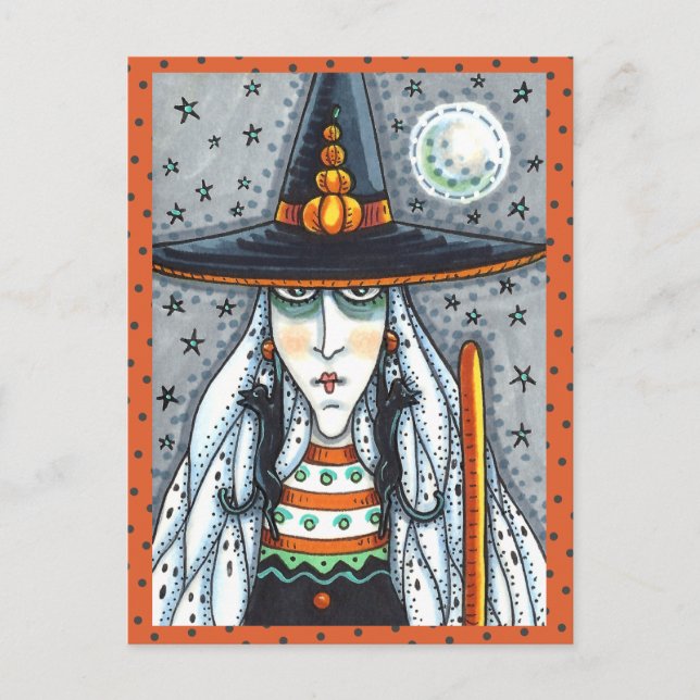 POSTAL SPOOKY HALLOWEEN WITCH, USANDO JOYAS DE GATO NEGRO (Anverso)