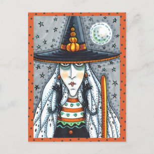 POSTAL SPOOKY HALLOWEEN WITCH, USANDO JOYAS DE GATO NEGRO