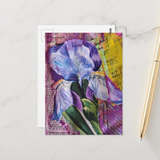 Postal Spring Iris Flower mixed media collage Postcard (Anverso/Reverso In Situ)