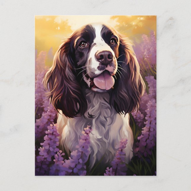 Postal Springer Spaniel en el campo Lavender (Anverso)