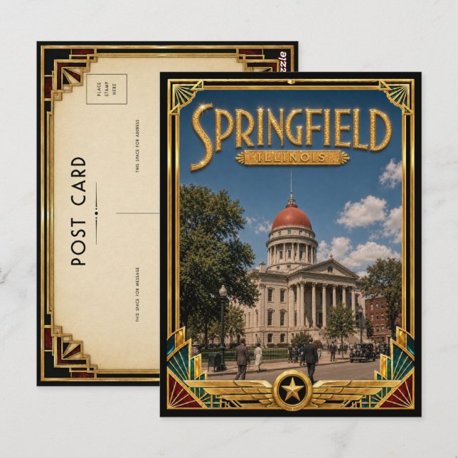Postal Springfield Illinois Arte Deco Antiguo Edad Dorada (Anverso / Reverso)