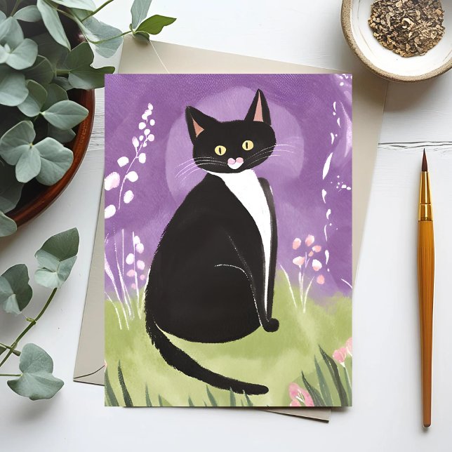 Postal Sr. Chonk | Tuxedo Cat Púrpura Acuarela (Subido por el creador)