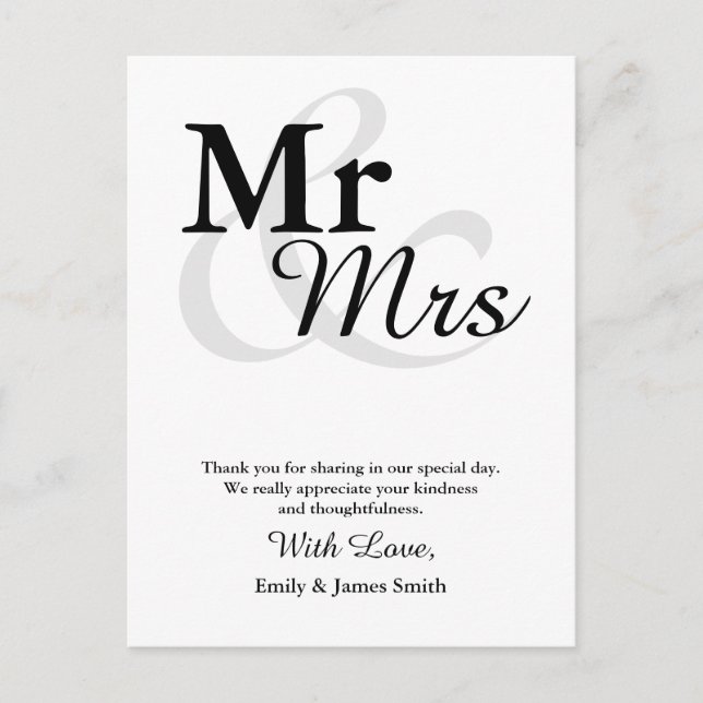 Postal Sr.&Mrs. Simple Elegant Typography Boda Gracias (Anverso)