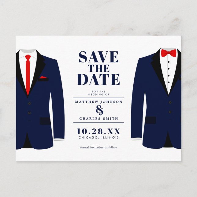 Postal Sr. y Sr. Boda Modern Navy Tux - Salven la fecha (Anverso)