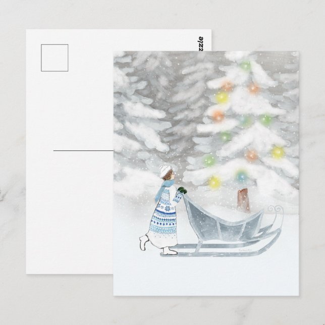 Postal Sra. Winter Festive Navidades de nieve acuarela (Anverso / Reverso)