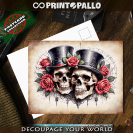 Postal Sra. y Sr. Skulls con sombrero y rosas