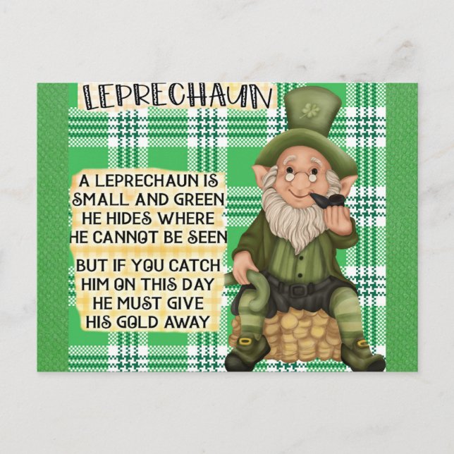 Postal St Patricks Day Irlandés Leprechaun Poem Green (Anverso)
