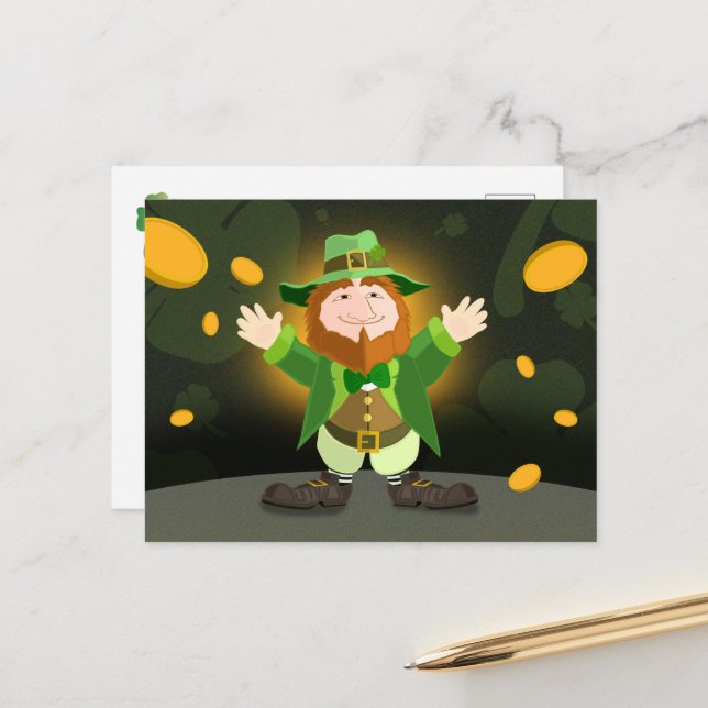 Postal St. Patrick's Day Leprechaun y Gold (Anverso/Reverso In Situ)