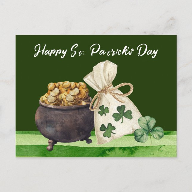 Postal St. Patrick's Day Shamrock Clover y Pot (Anverso)