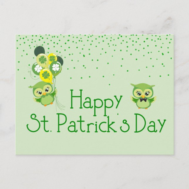 Postal St. Patrick's Day Shamrock Cute Green Owls (Anverso)
