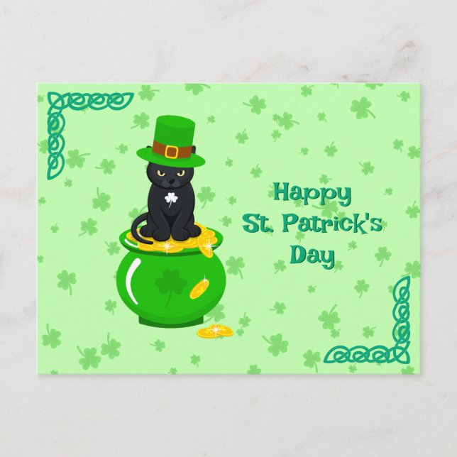 Postal St. Patrick's Day Shamrock Pot of Gold Black Cat (Anverso)