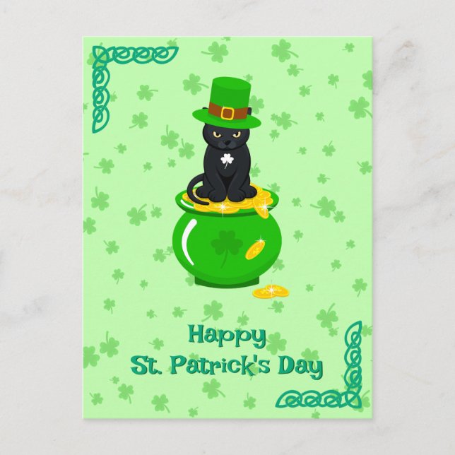 Postal St. Patrick's Day Shamrock Pot of Gold Black Cat (Anverso)
