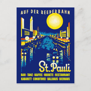 Postal St. Pauli de noche, ciudad de Hamburgo, Alemania