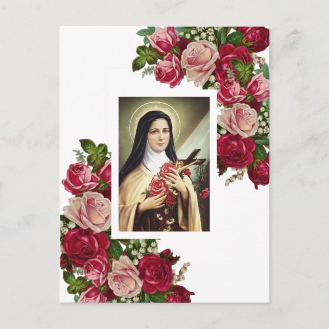 Postal St. Therese, las pequeñas rosas rosadas de flores (Anverso)