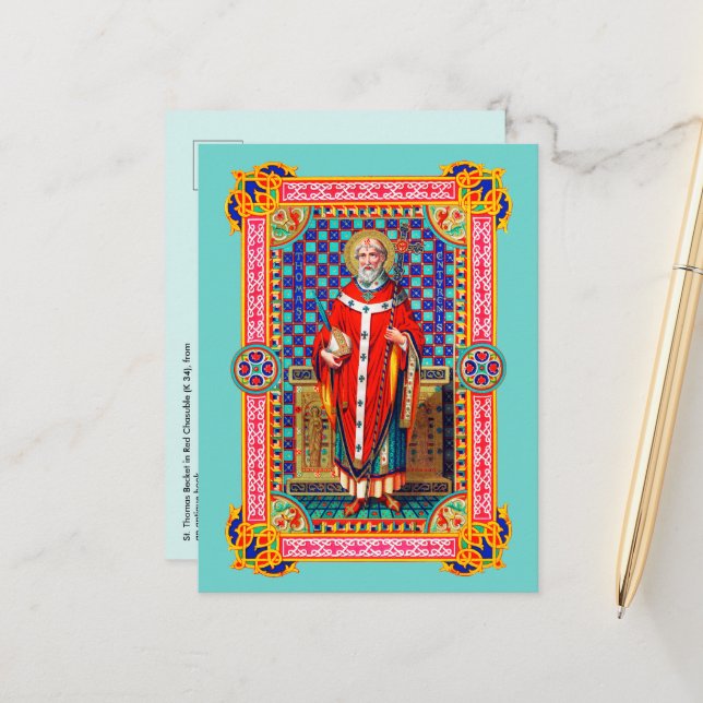 Postal St. Thomas Becket en Casuble Rojo (K 34) (Anverso/Reverso In Situ)