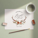 Postal Stag terracota rust floral elegante ducha de novia<br><div class="desc">Rústico follaje, floral y estag antlers tarjeta de invitación a la fiesta de la ducha de novia. Con un hermoso follaje acuático, flores blancas, de terracota, de óxido y de lustre rosado, complementado con un diseño moderno de color negro y verde sabio y una escritura elegante a mano. Esta invitación...</div>