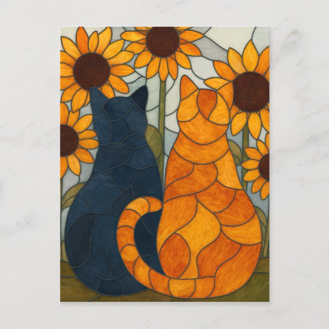 Postal Stained Glass Cats and Sunflowers Art Design (Anverso)