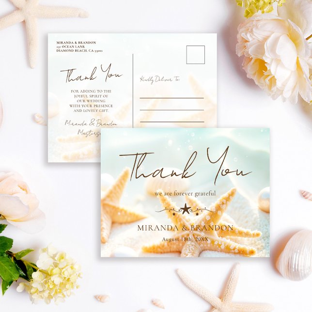 Postal Starfish Shells Ocean Beach Wedding Thank You (Subido por el creador)