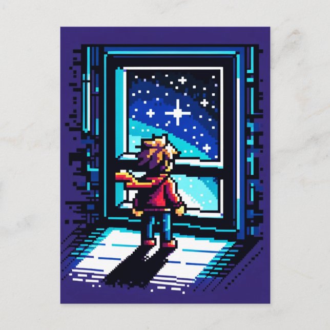 Postal Stargazer en la ventana Dreamy Pixel Art Night Sky (Anverso)