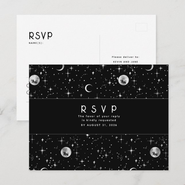 Postal Starry Night Black and Silver Wedding RSVP (Anverso / Reverso)