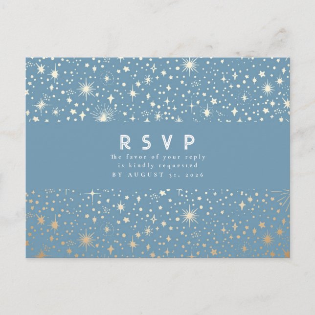 Postal Starry Night Dusty Blue and Gold Wedding RSVP (Anverso)