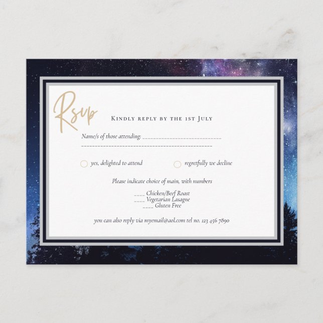 Postal Starry Night Galaxy Wedding RSVP Navy Gold Postcar (Anverso)