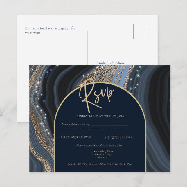 Postal Starry Night Navy Gold Agate Wedding RSVP (Anverso / Reverso)