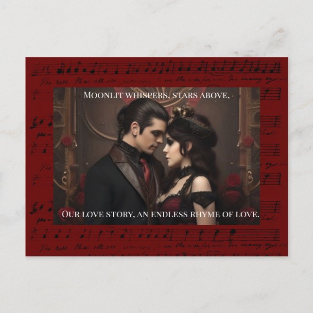 Postal Steampunk Burgundy Valentine con cita (Anverso)