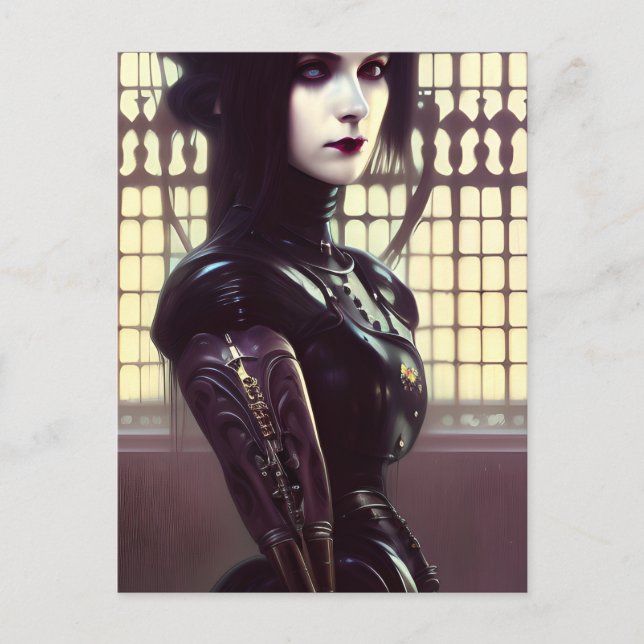 Postal Steampunk Chica gótico Ojos de diferentes colores (Anverso)