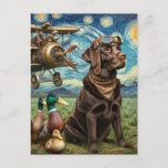 Postal Steampunk Chocolate Lab Van Gogh<br><div class="desc">Un laboratorio de chocolate y patos de vapor con la noche estrellada de Van Gogh al fondo</div>