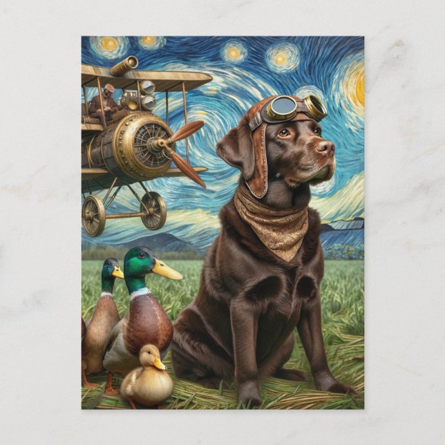 Postal Steampunk Chocolate Lab Van Gogh (Anverso)