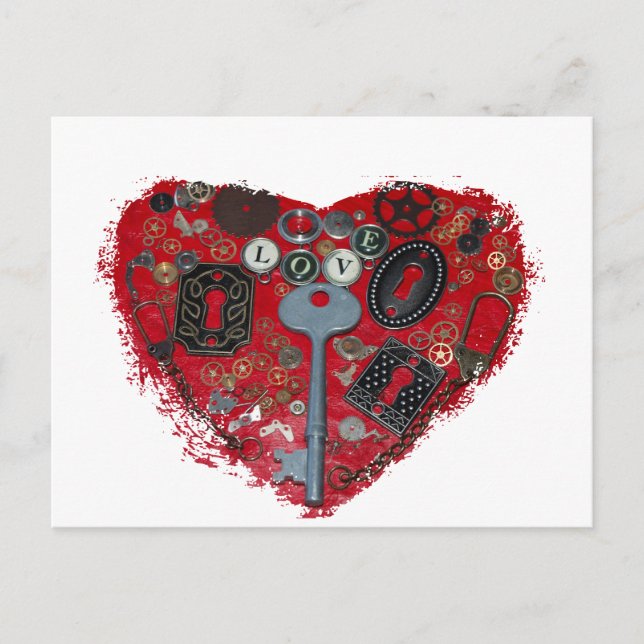 Postal Steampunk del corazón rojo (Anverso)