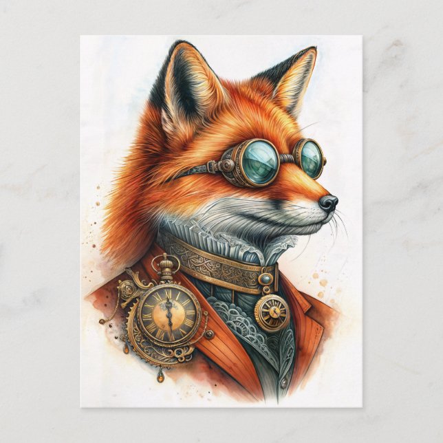 Postal Steampunk Fox - Watercolor del controlador de tiem (Anverso)