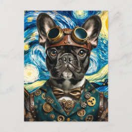 Postal Steampunk Frenchie en la noche estrellada