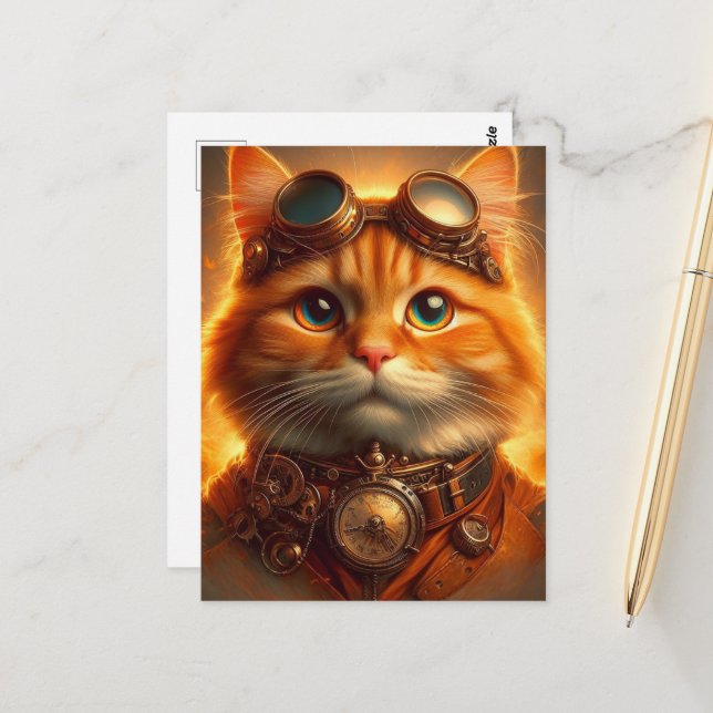 Postal Steampunk Ginger Cat (Anverso/Reverso In Situ)