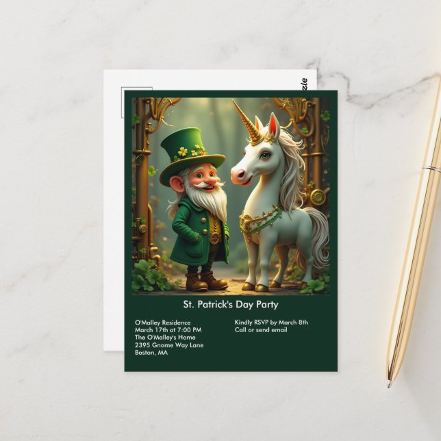 Postal Steampunk Gnome-Leprechaun Unicorn St Patricks Day (Anverso/Reverso In Situ)