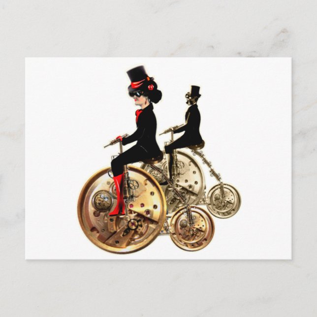 Postal Steampunk man woman penny farthings gifts de LeahG (Anverso)