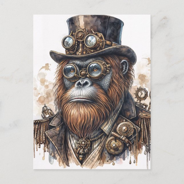 Postal Steampunk Orangutan - Arte Animal de Ciencia Ficci (Anverso)