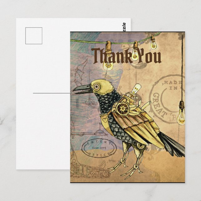 Postal Steampunk Raven Gracias (Anverso / Reverso)