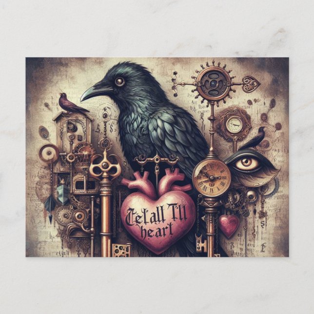 Postal Steampunk Raven Tell Heart Collage (Anverso)