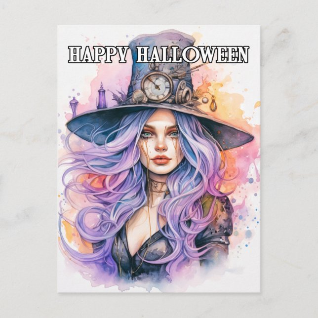 Postal Steampunk Salem Bruja Feliz Halloween (Anverso)