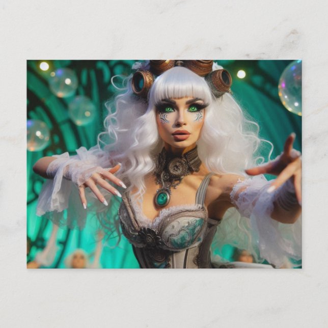 Postal Steampunk Victorian Futurista Bailarina Verde (Anverso)