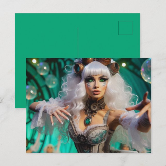 Postal Steampunk Victorian Futurista Bailarina Verde (Anverso / Reverso)